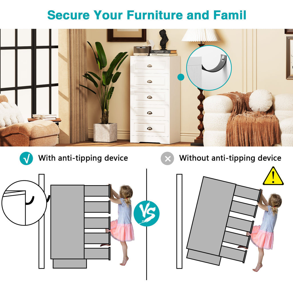 Walsunny 5 Drawer White Vertical Dresser Modern Storage Cabinet with Handle-Drawer Chest Wood Organizer for Living Room (7504209772720)