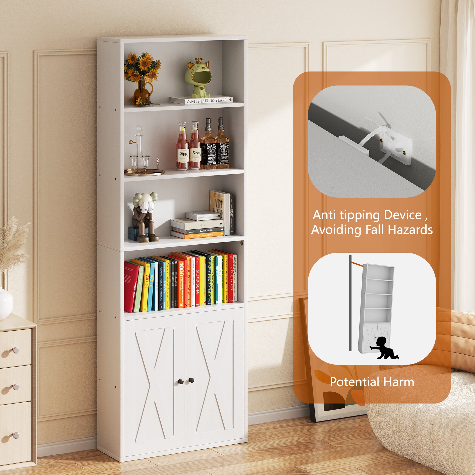 Vongrasig Farmhouse Bookcase with Doors & Storage, Tall 6-Tier Wood Bookshelf for Home Office Organization, Living Room Display, and Bedroom Storage Alternatives, 71-Inch Standing Shelf