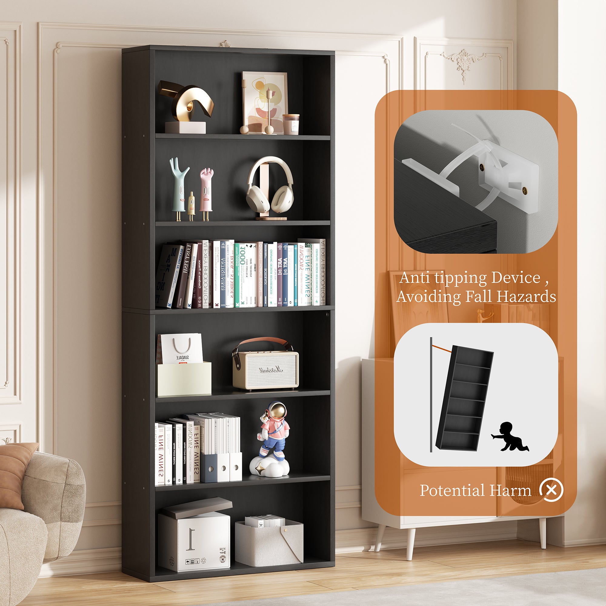Vongrasig 6-Tier Open Bookcase and Bookshelf, Floor Standing Wood Display Storage Shelves 71 Inch Tall Bookcase Home Decor Furniture for Home Office, Living Room, Bed Room
