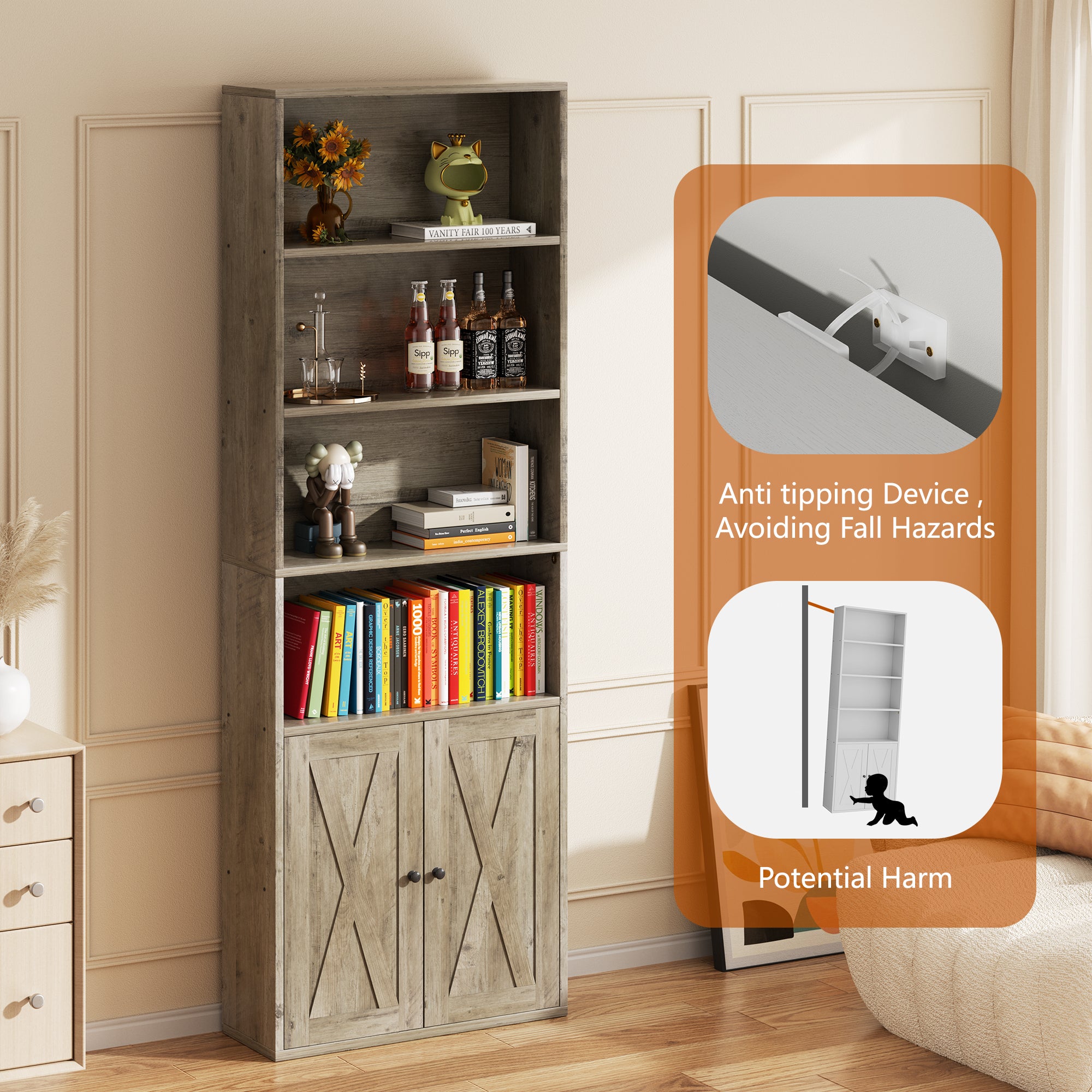 Vongrasig Farmhouse Bookcase with Doors & Storage, Tall 6-Tier Wood Bookshelf for Home Office Organization, Living Room Display, and Bedroom Storage Alternatives, 71-Inch Standing Shelf