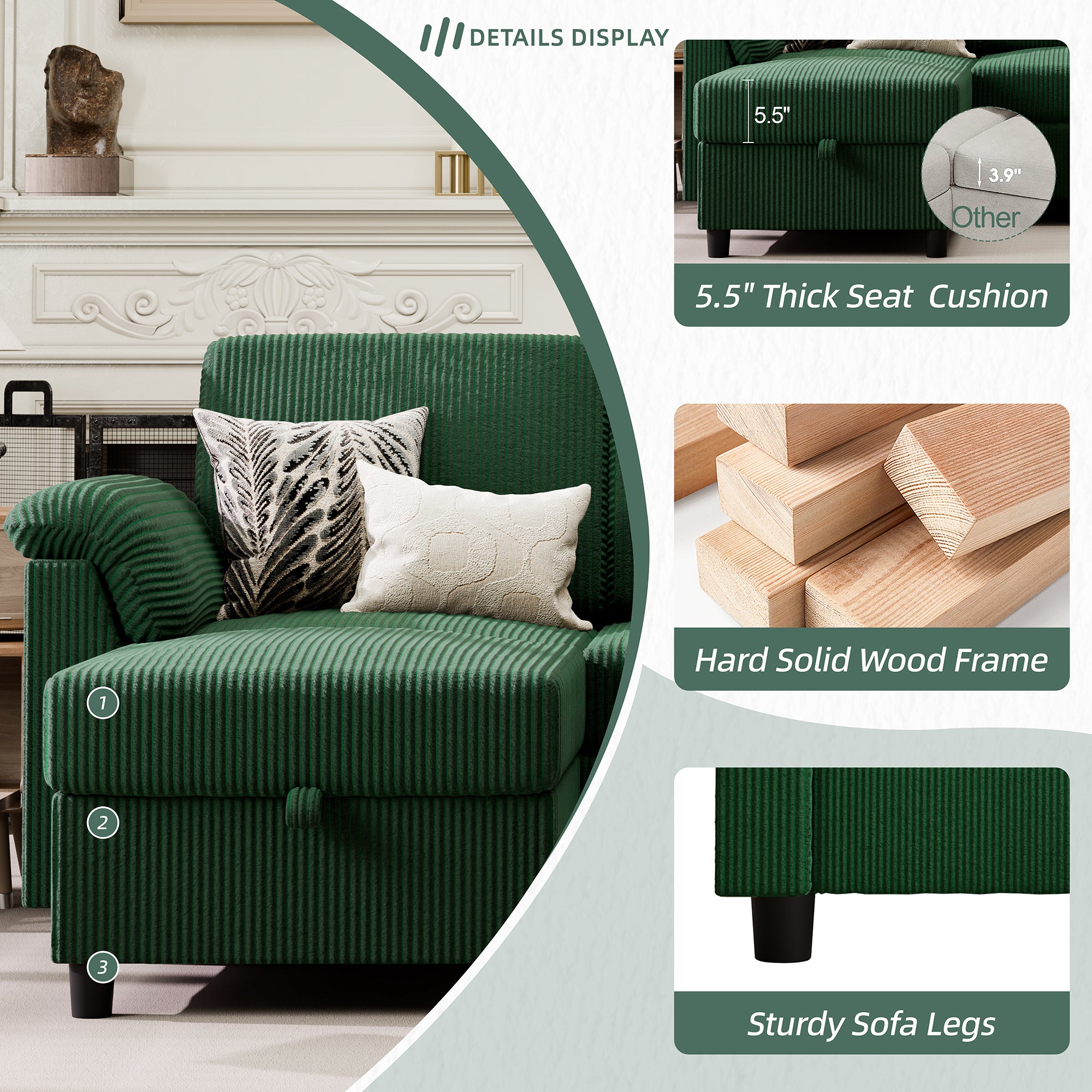 Vongrasig Convertible Sectional Sofa Couch, 3 Seat L Shaped Sofa with Removable Pillows Soft Corduroy Fabric Small Couch Mid Century for Living Room, Apartment and Office, Green
