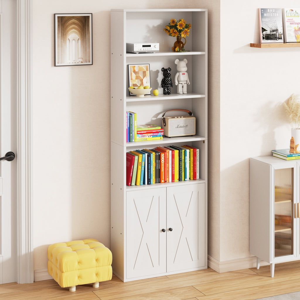 Vongrasig Farmhouse Bookcase with Doors & Storage, Tall 6-Tier Wood Bookshelf for Home Office Organization, Living Room Display, and Bedroom Storage Alternatives, 71-Inch Standing Shelf