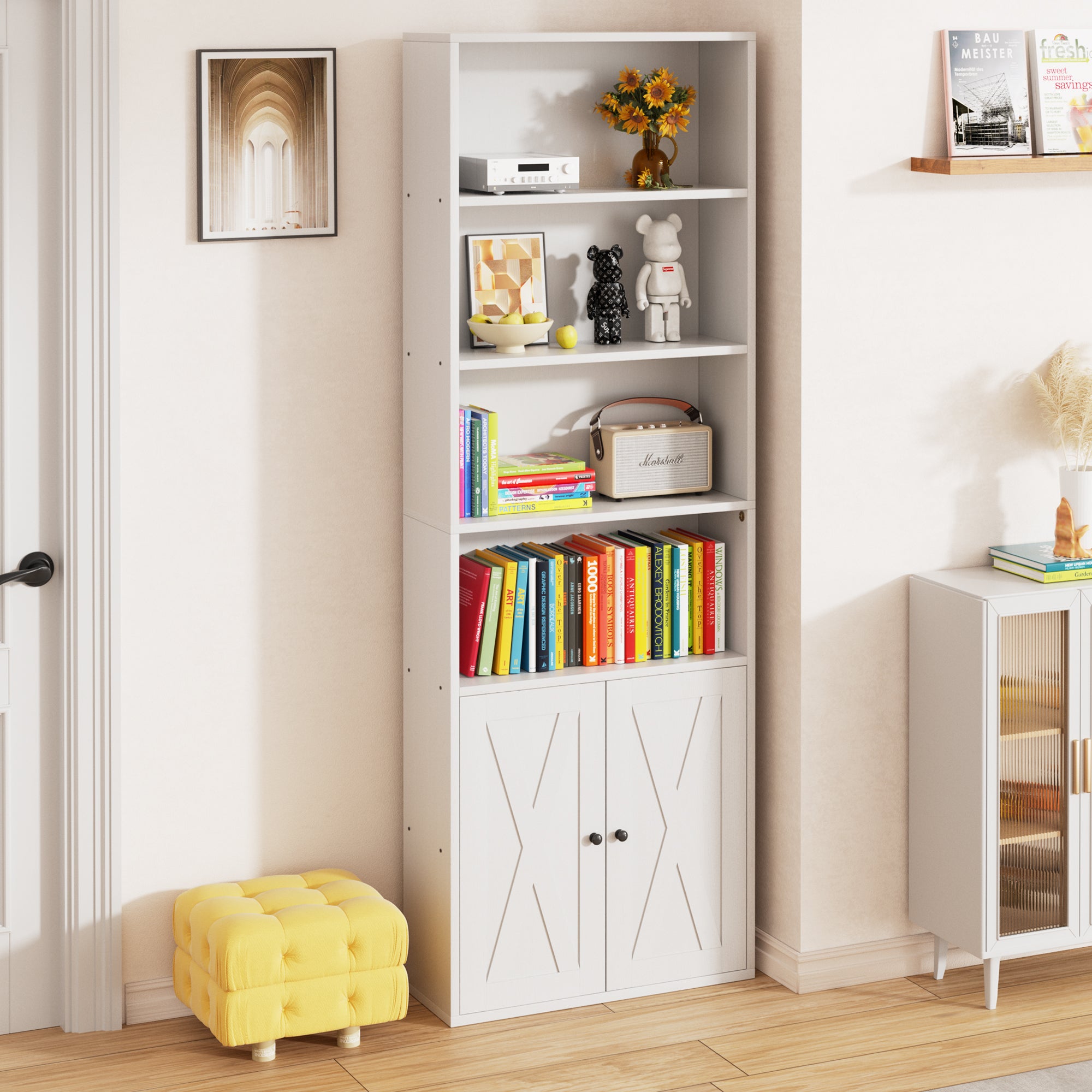Vongrasig Farmhouse Bookcase with Doors & Storage, Tall 6-Tier Wood Bookshelf for Home Office Organization, Living Room Display, and Bedroom Storage Alternatives, 71-Inch Standing Shelf