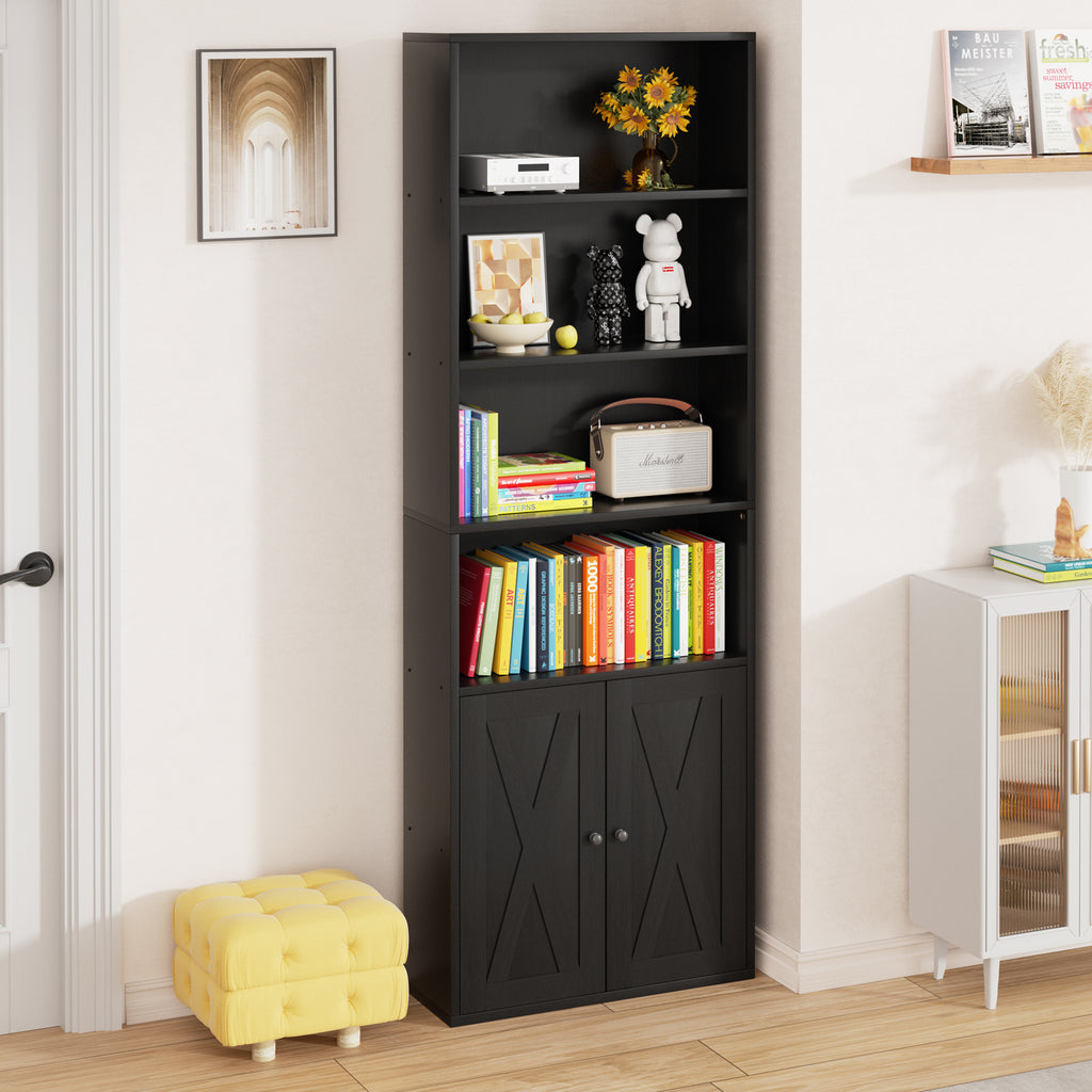 Vongrasig Farmhouse Bookcase with Doors & Storage, Tall 6-Tier Wood Bookshelf for Home Office Organization, Living Room Display, and Bedroom Storage Alternatives, 71-Inch Standing Shelf