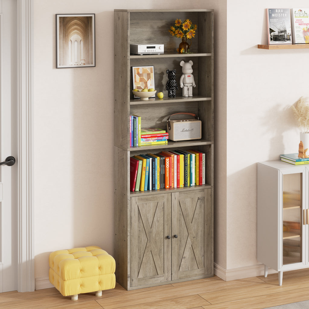 Vongrasig Farmhouse Bookcase with Doors & Storage, Tall 6-Tier Wood Bookshelf for Home Office Organization, Living Room Display, and Bedroom Storage Alternatives, 71-Inch Standing Shelf