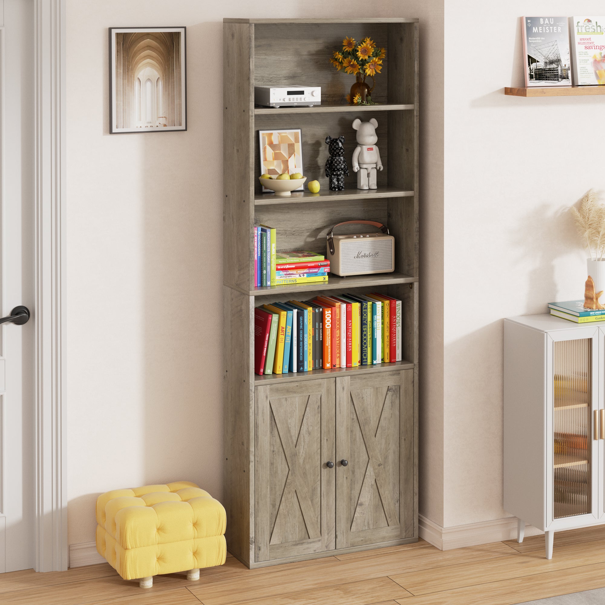 Vongrasig Farmhouse Bookcase with Doors & Storage, Tall 6-Tier Wood Bookshelf for Home Office Organization, Living Room Display, and Bedroom Storage Alternatives, 71-Inch Standing Shelf