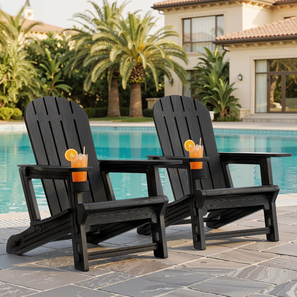 Vongrasig Adirondack Chairs Set of 2 with Removable Tabletop, Outdoor HDPE Plastic Fire Pit Chair Set with Wooden Textured, Cup Holder for Patio, Poolside, Deck, Garden