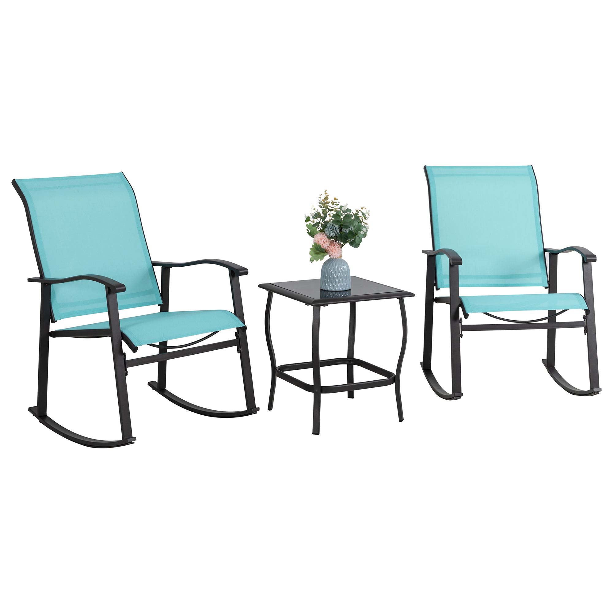 Vongrasig 3 Piece Outdoor Rocking Bistro Set, Textilene Fabric Small Patio Furniture Set, Front Porch Rocker Chairs Conversation Set with Glass Table for Lawn, Garden, Balcony, Poolside