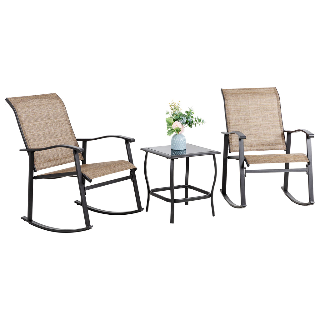 Vongrasig 3 Piece Outdoor Rocking Bistro Set, Textilene Fabric Small Patio Furniture Set, Front Porch Rocker Chairs Conversation Set with Glass Table for Lawn, Garden, Balcony, Poolside