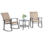 Vongrasig 3 Piece Outdoor Rocking Bistro Set, Textilene Fabric Small Patio Furniture Set, Front Porch Rocker Chairs Conversation Set with Glass Table for Lawn, Garden, Balcony, Poolside