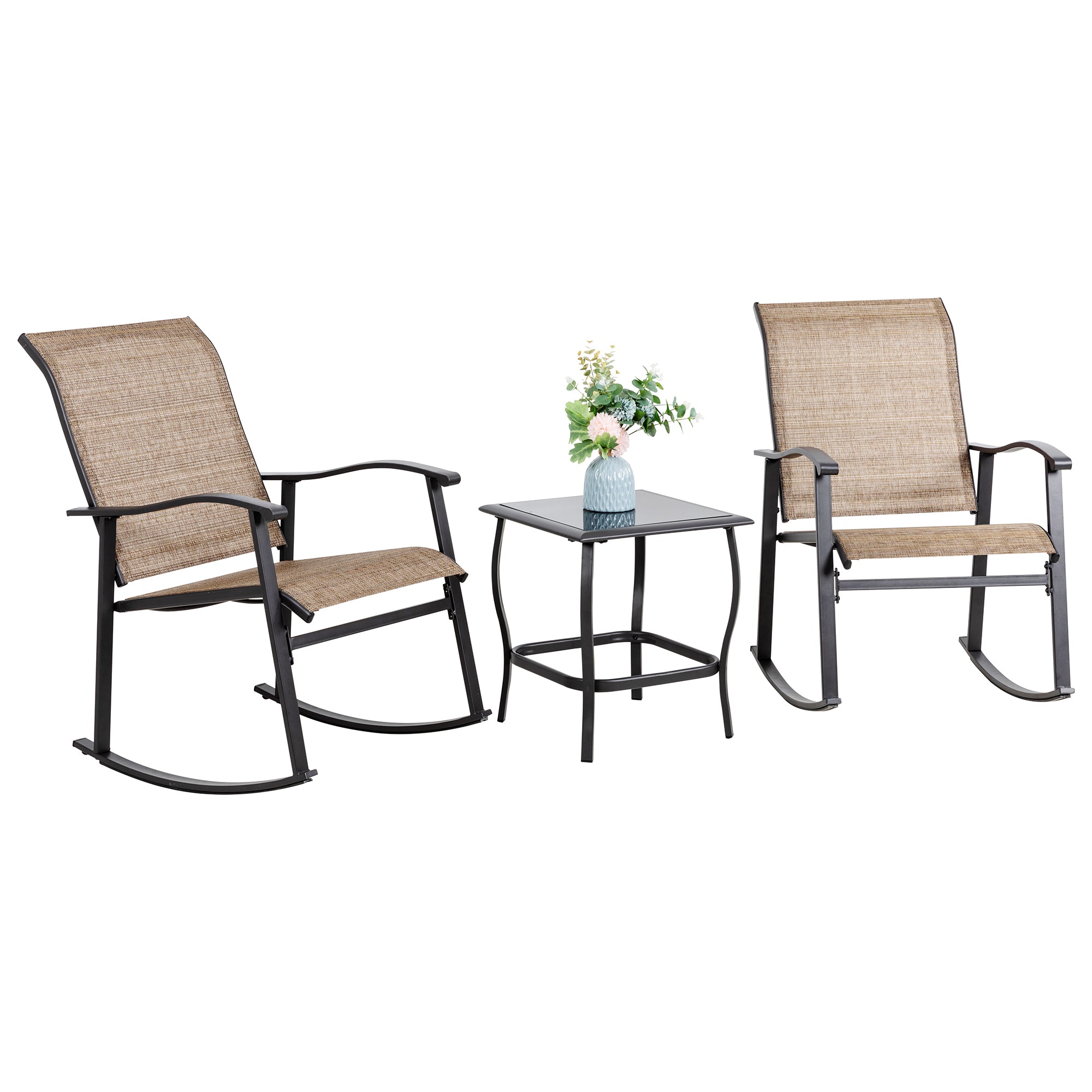 Vongrasig 3 Piece Outdoor Rocking Bistro Set, Textilene Fabric Small Patio Furniture Set, Front Porch Rocker Chairs Conversation Set with Glass Table for Lawn, Garden, Balcony, Poolside