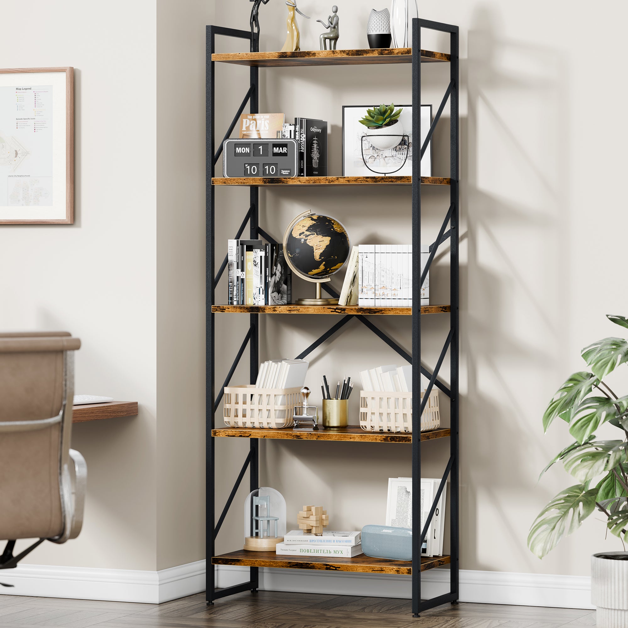 Vongrasig 5 Tier Bookshelf, Modern Industrial Bookcase with Metal Frame | 62” Tall Display Shelf, Free Standing Storage Organizer for Home Office, Living Room, Bedroom