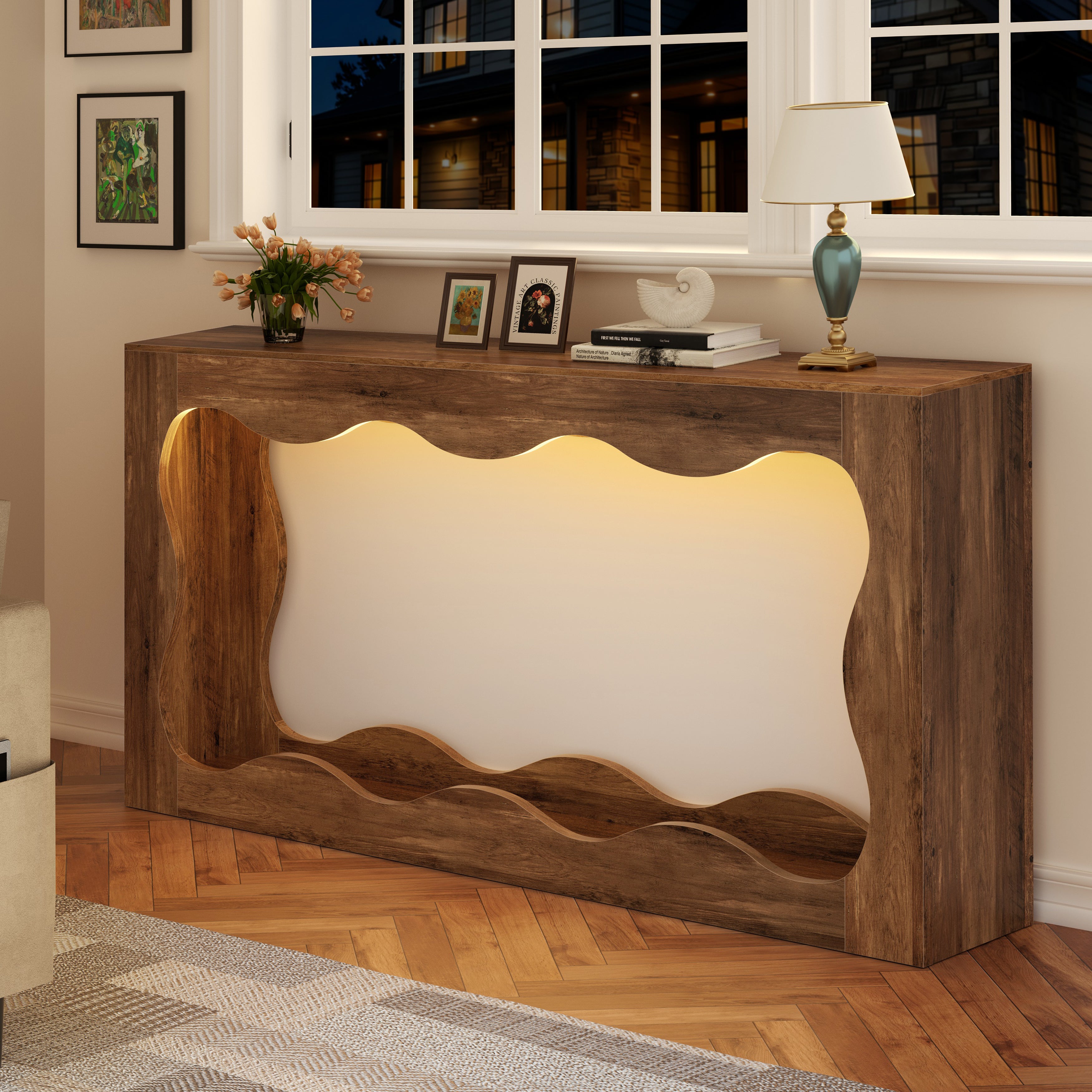 Vongrasig 63-Inch Farmhouse Entryway Table with Light Strips, Scalloped Console Table with Built-in Storage, Narrow Long Behind Couch, Wooden Curvilinear Sofa Table for Entrance, Hallway