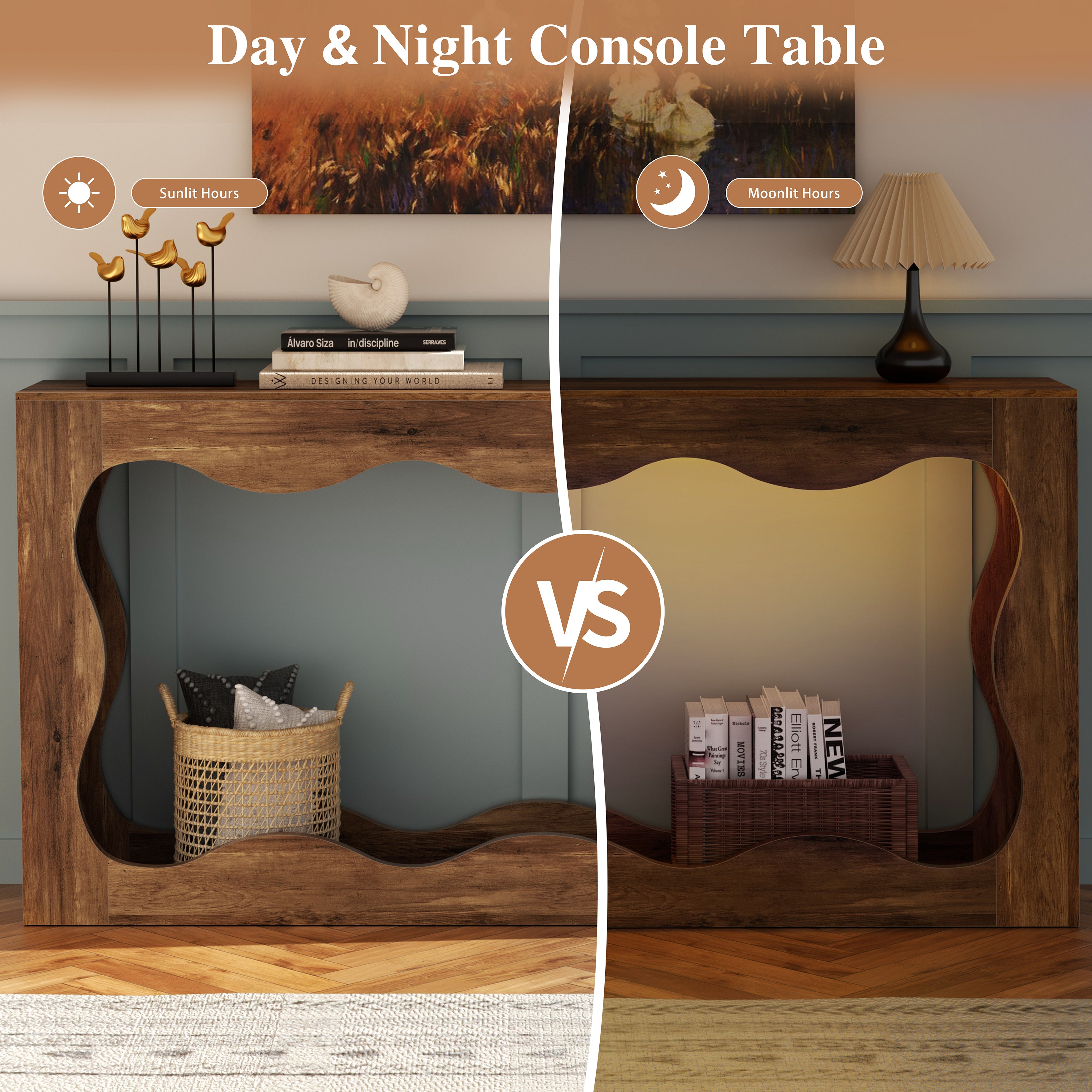 Vongrasig 63-Inch Farmhouse Entryway Table with Light Strips, Scalloped Console Table with Built-in Storage, Narrow Long Behind Couch, Wooden Curvilinear Sofa Table for Entrance, Hallway