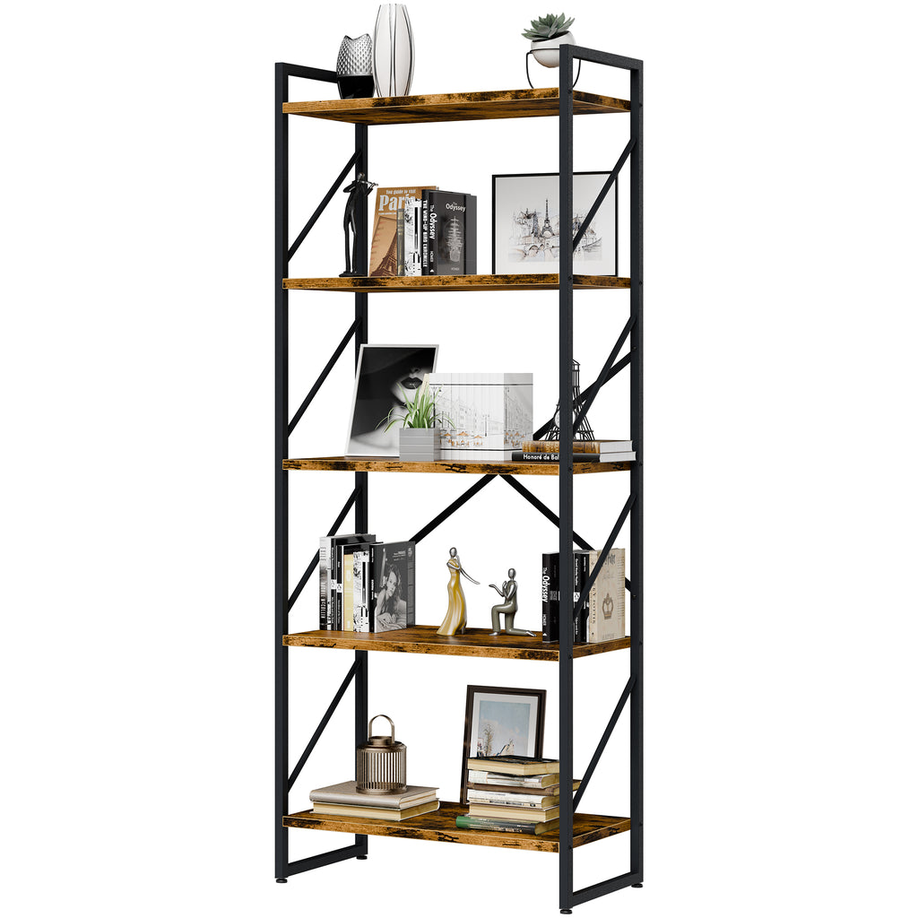 Vongrasig 5 Tier Bookshelf, Modern Industrial Bookcase with Metal Frame | 62” Tall Display Shelf, Free Standing Storage Organizer for Home Office, Living Room, Bedroom