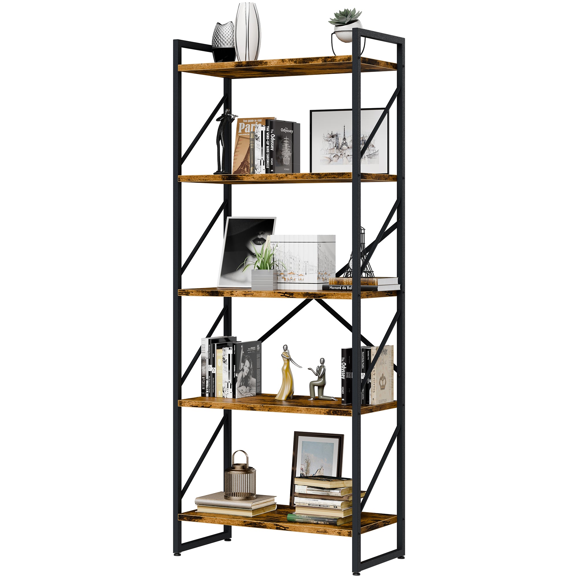 Vongrasig 5 Tier Bookshelf, Modern Industrial Bookcase with Metal Frame | 62” Tall Display Shelf, Free Standing Storage Organizer for Home Office, Living Room, Bedroom
