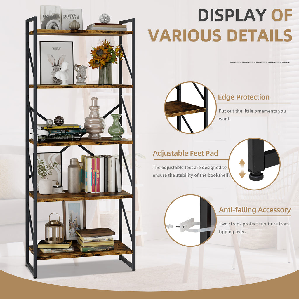 Vongrasig 5 Tier Bookshelf, Modern Industrial Bookcase with Metal Frame | 62” Tall Display Shelf, Free Standing Storage Organizer for Home Office, Living Room, Bedroom