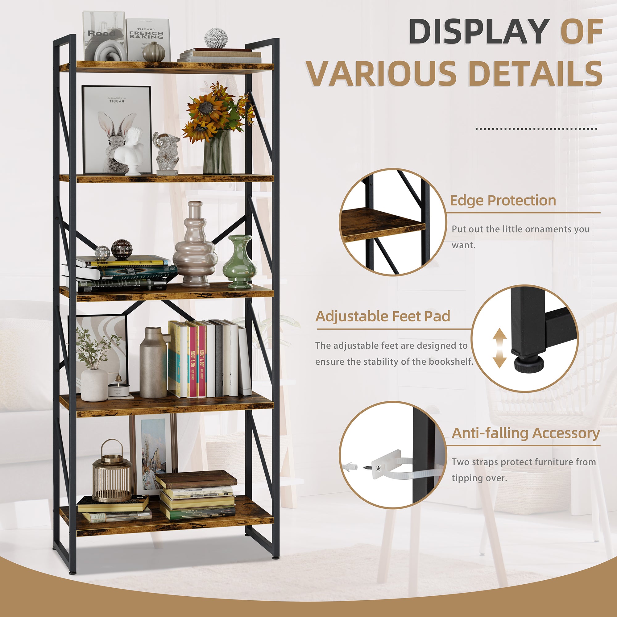 Vongrasig 5 Tier Bookshelf, Modern Industrial Bookcase with Metal Frame | 62” Tall Display Shelf, Free Standing Storage Organizer for Home Office, Living Room, Bedroom