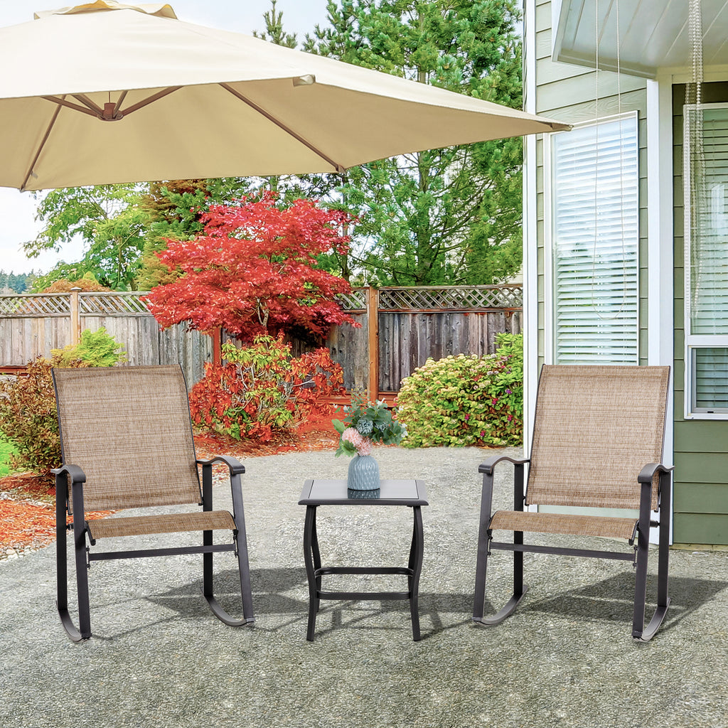Vongrasig 3 Piece Outdoor Rocking Bistro Set, Textilene Fabric Small Patio Furniture Set, Front Porch Rocker Chairs Conversation Set with Glass Table for Lawn, Garden, Balcony, Poolside