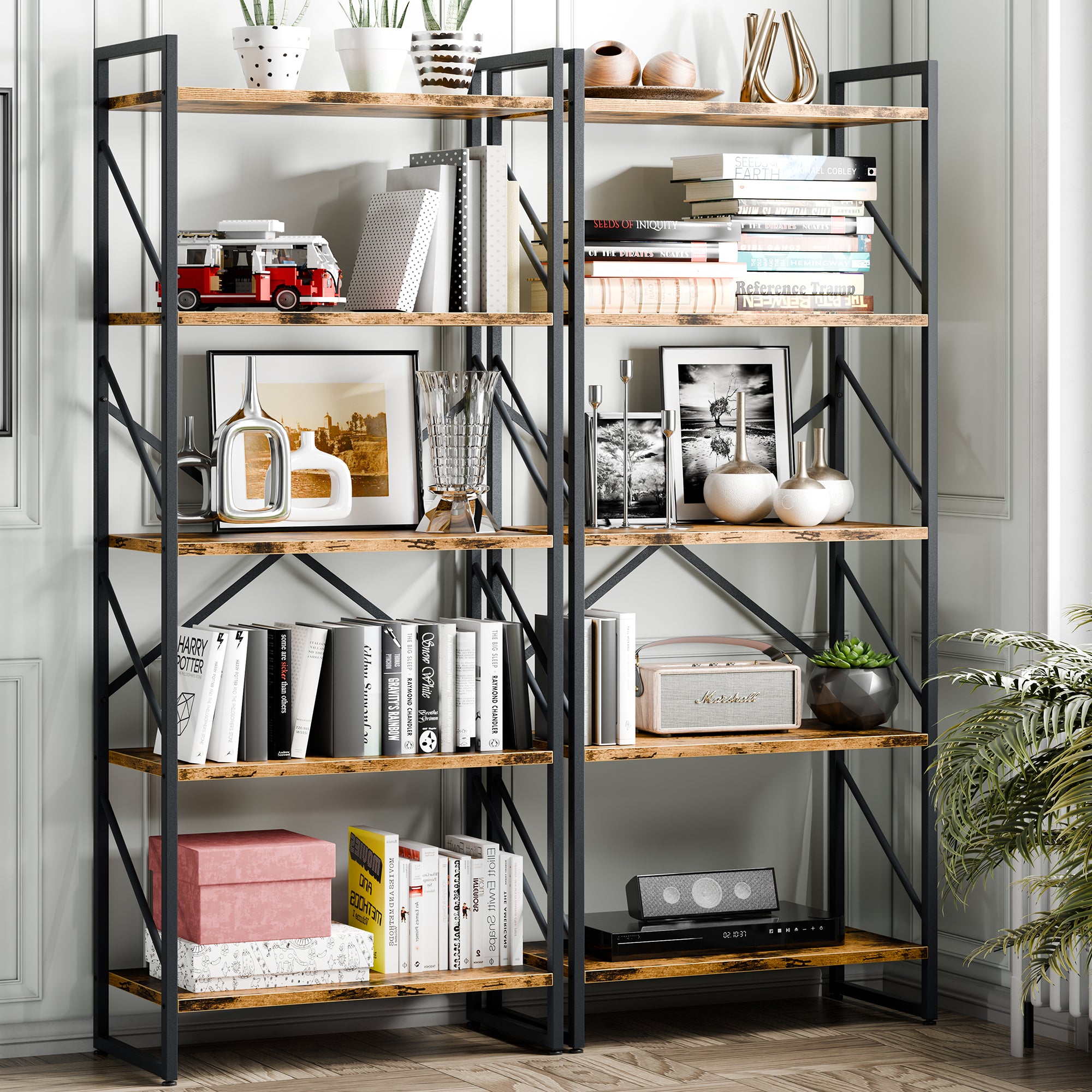 Vongrasig 5 Tier Bookshelf, Modern Industrial Bookcase with Metal Frame | 62” Tall Display Shelf, Free Standing Storage Organizer for Home Office, Living Room, Bedroom