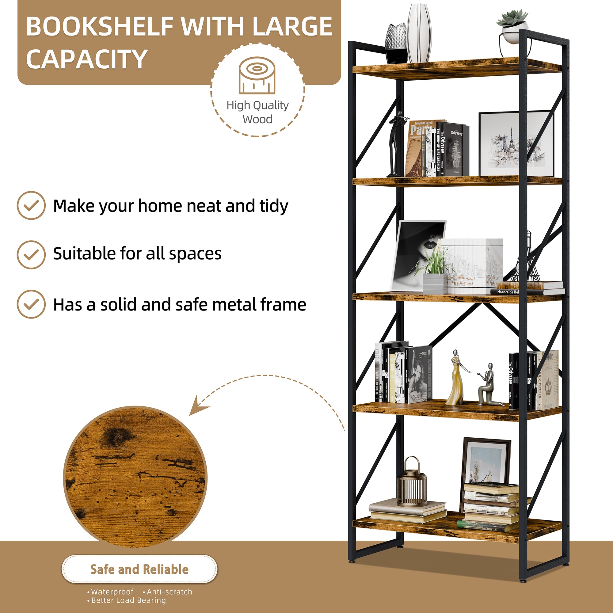 Vongrasig 5 Tier Bookshelf, Modern Industrial Bookcase with Metal Frame | 62” Tall Display Shelf, Free Standing Storage Organizer for Home Office, Living Room, Bedroom