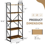 Vongrasig 5 Tier Bookshelf, Modern Industrial Bookcase with Metal Frame | 62” Tall Display Shelf, Free Standing Storage Organizer for Home Office, Living Room, Bedroom
