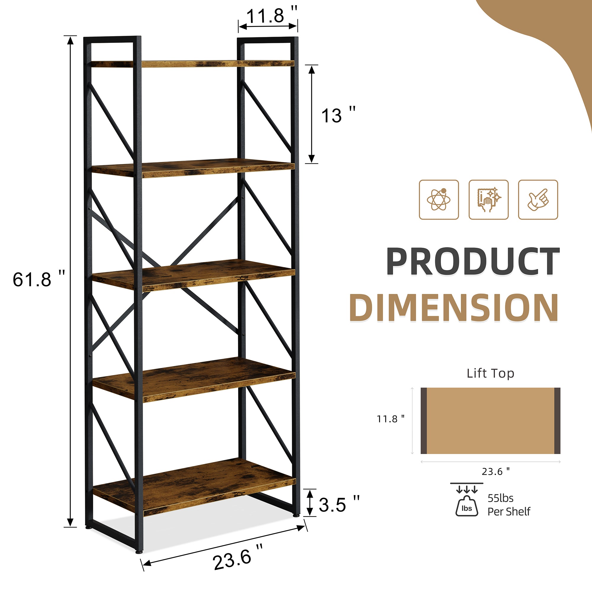 Vongrasig 5 Tier Bookshelf, Modern Industrial Bookcase with Metal Frame | 62” Tall Display Shelf, Free Standing Storage Organizer for Home Office, Living Room, Bedroom