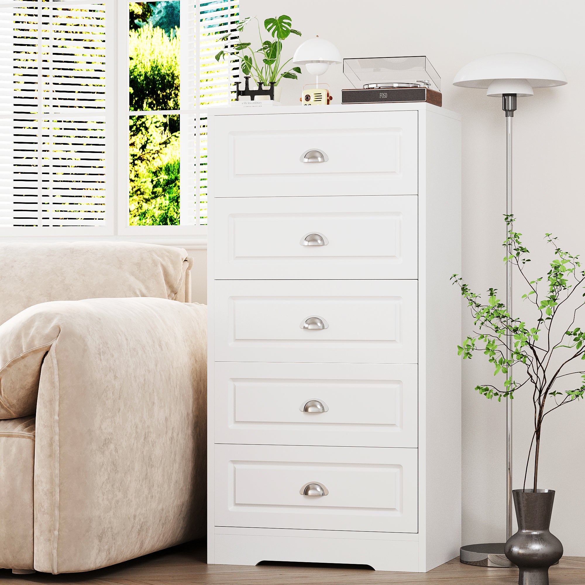 Walsunny 5 Drawer White Vertical Dresser Modern Storage Cabinet with Handle-Drawer Chest Wood Organizer for Living Room (7504209772720)