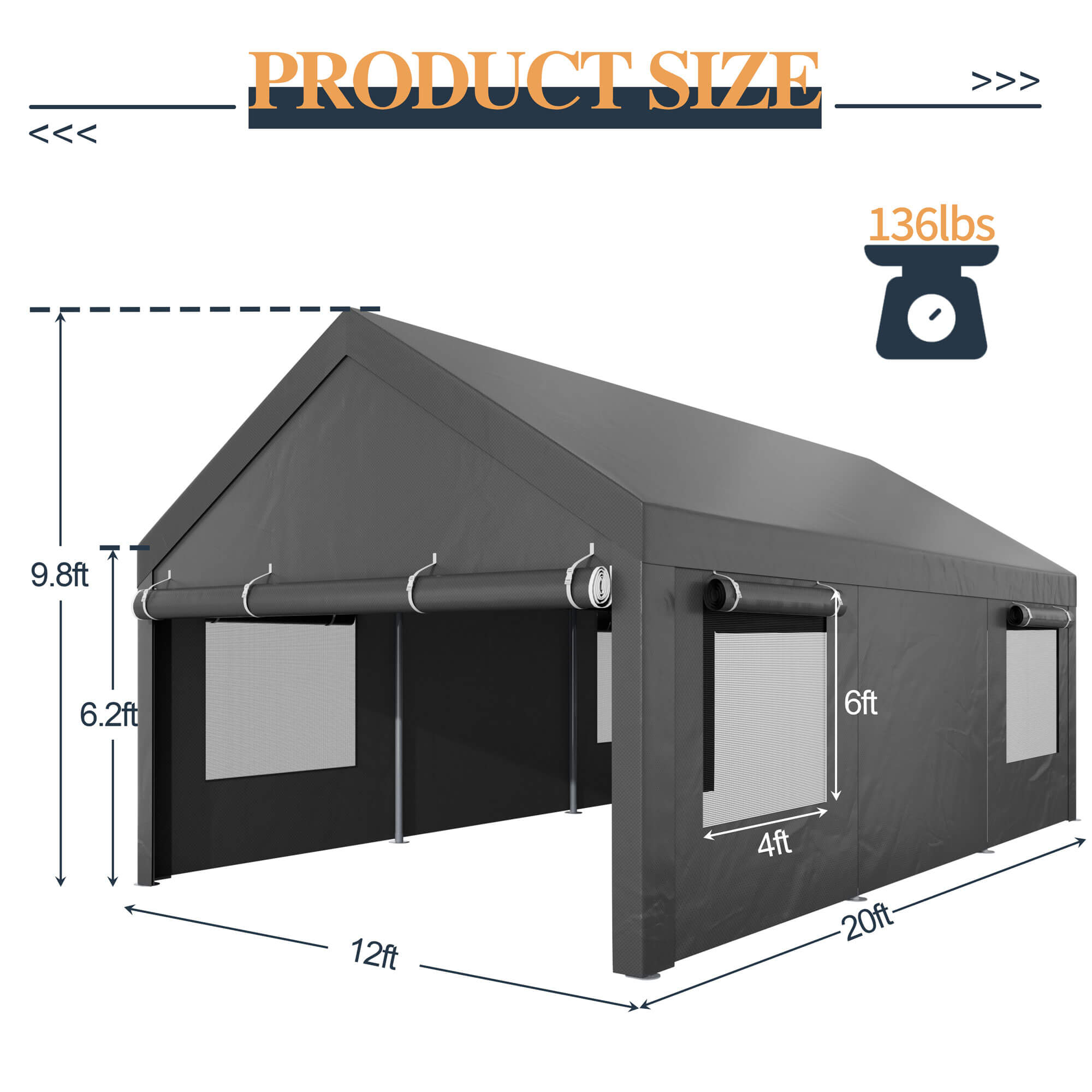 Vongrasig Carport, 12x20 ft Heavy Duty Carport Canopy with Roll-up Windows