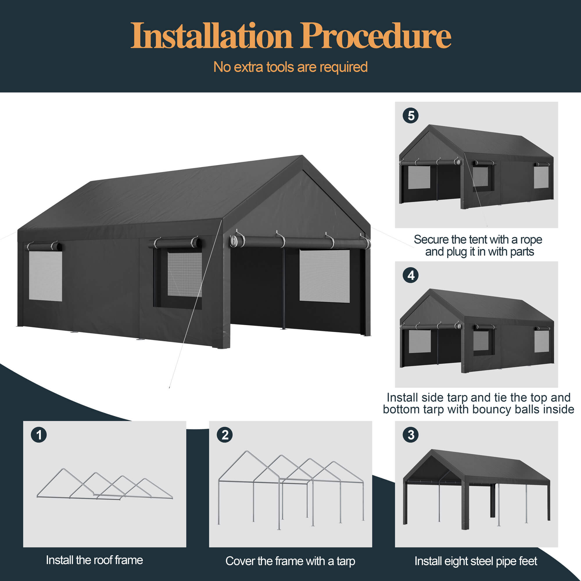 Vongrasig Carport, 12x20 ft Heavy Duty Carport Canopy with Roll-up Windows