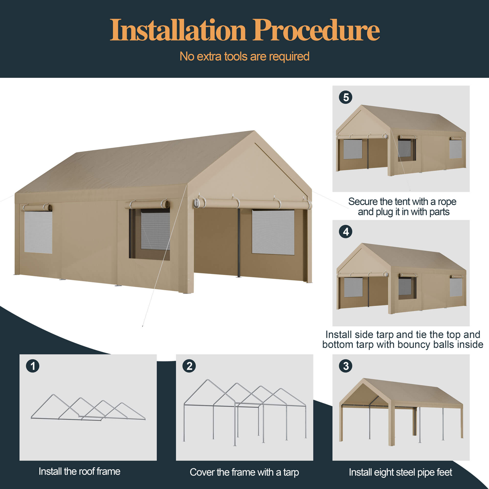 Vongrasig Carport, 12x20 ft Heavy Duty Carport Canopy with Roll-up Windows