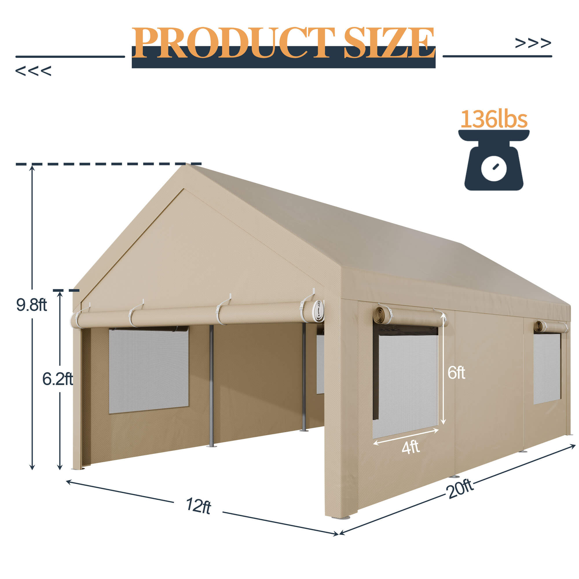 Vongrasig Carport, 12x20 ft Heavy Duty Carport Canopy with Roll-up Windows