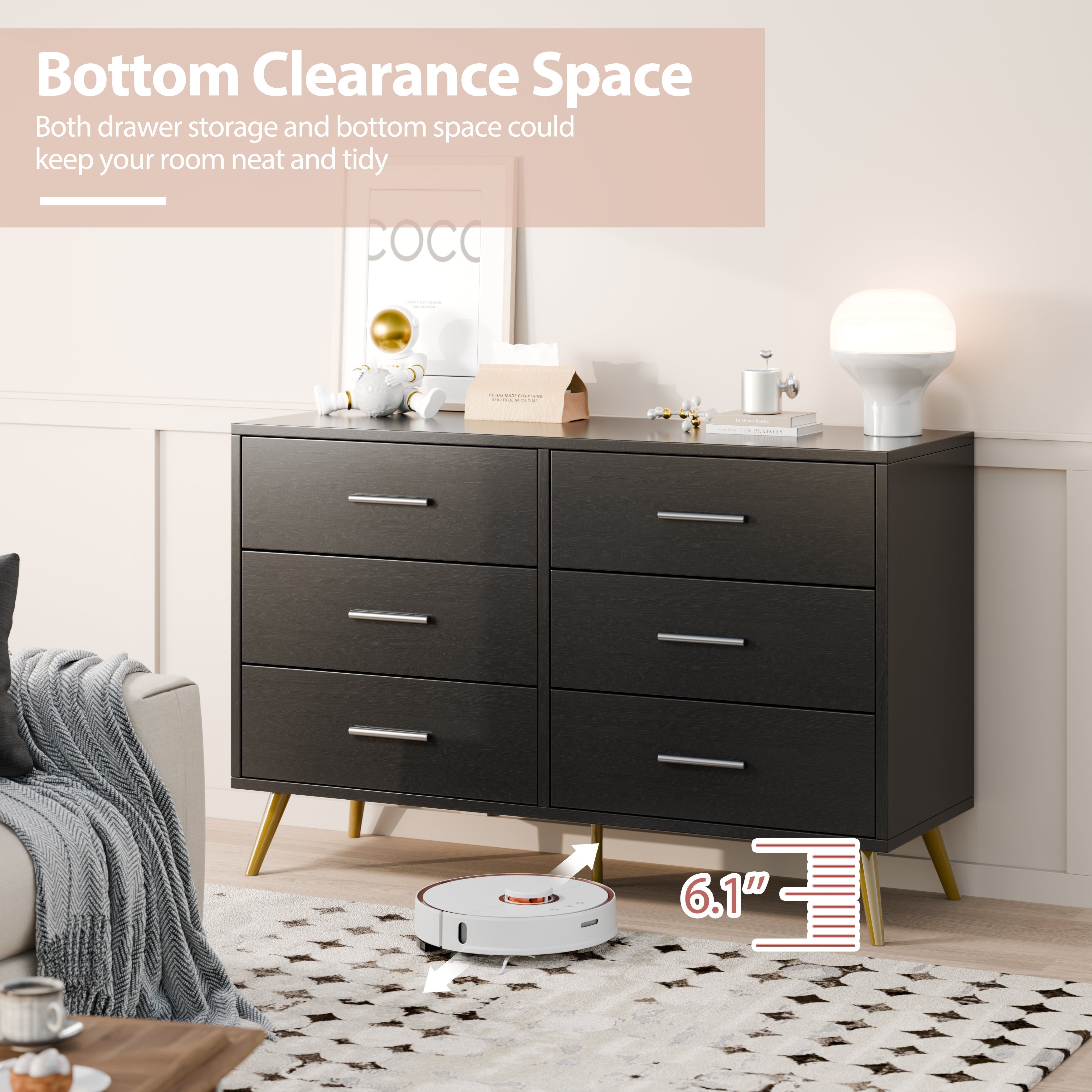 Walsunny 9 Drawer Double Dresser Black Wooden Wide Chest of Drawers with Metal Handles Storage Organizer Dresser Nursery Dresser for Living Room Hallway (7504222027952)