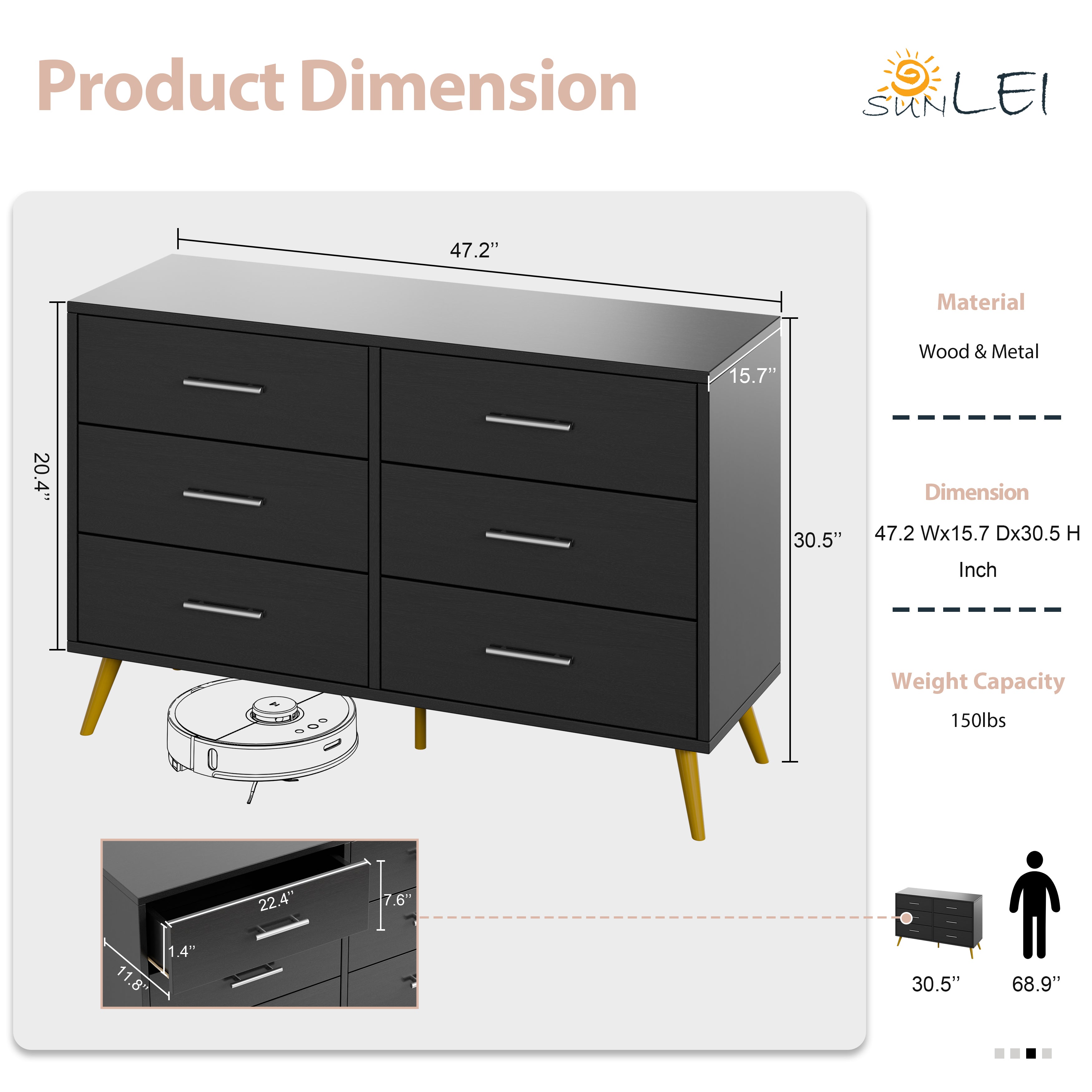 Walsunny 9 Drawer Double Dresser Black Wooden Wide Chest of Drawers with Metal Handles Storage Organizer Dresser Nursery Dresser for Living Room Hallway (7504222027952)