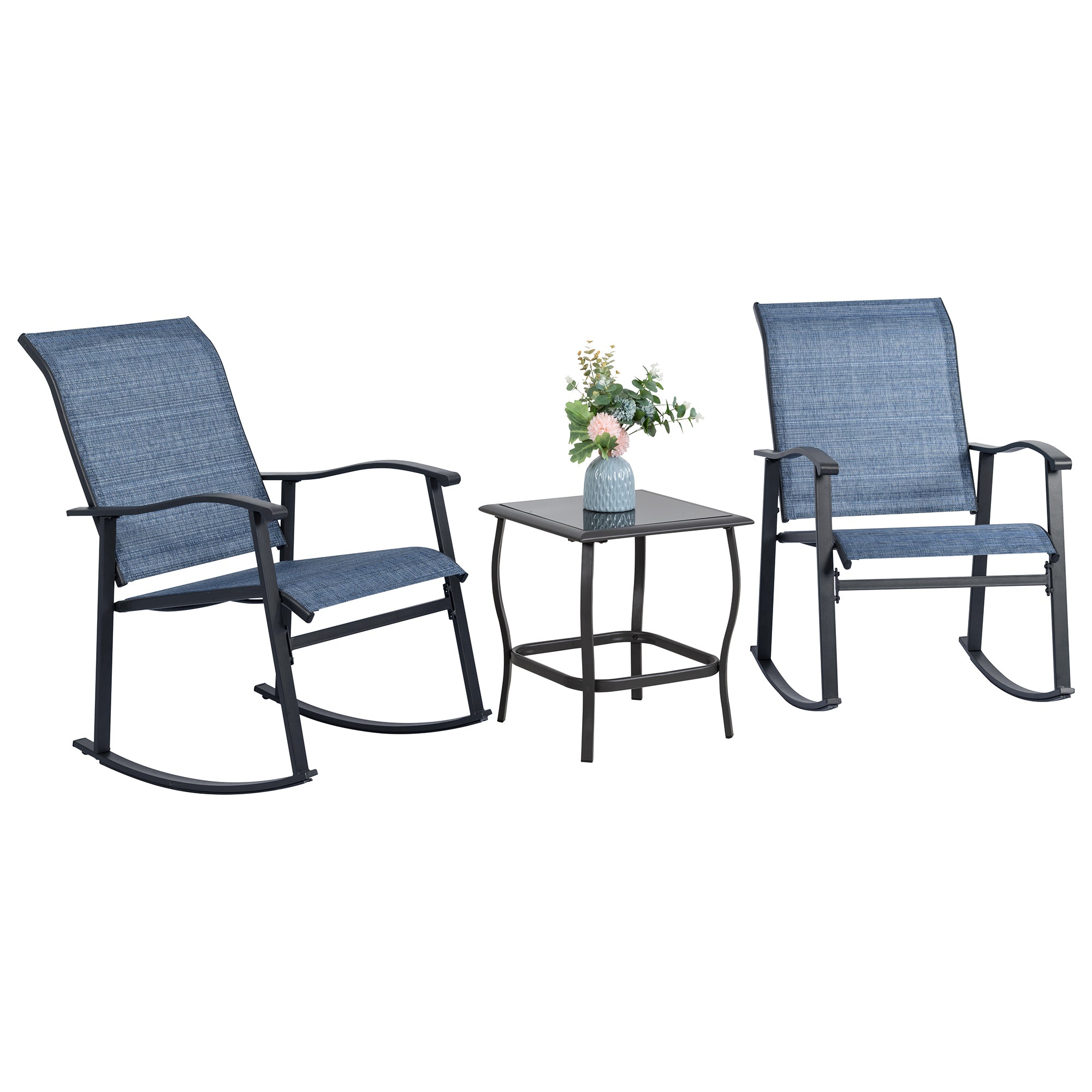 Vongrasig 3 Piece Outdoor Rocking Bistro Set, Textilene Fabric Small Patio Furniture Set, Front Porch Rocker Chairs Conversation Set with Glass Table for Lawn, Garden, Balcony, Poolside