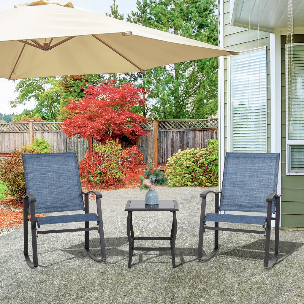 Vongrasig 3 Piece Outdoor Rocking Bistro Set, Textilene Fabric Small Patio Furniture Set, Front Porch Rocker Chairs Conversation Set with Glass Table for Lawn, Garden, Balcony, Poolside
