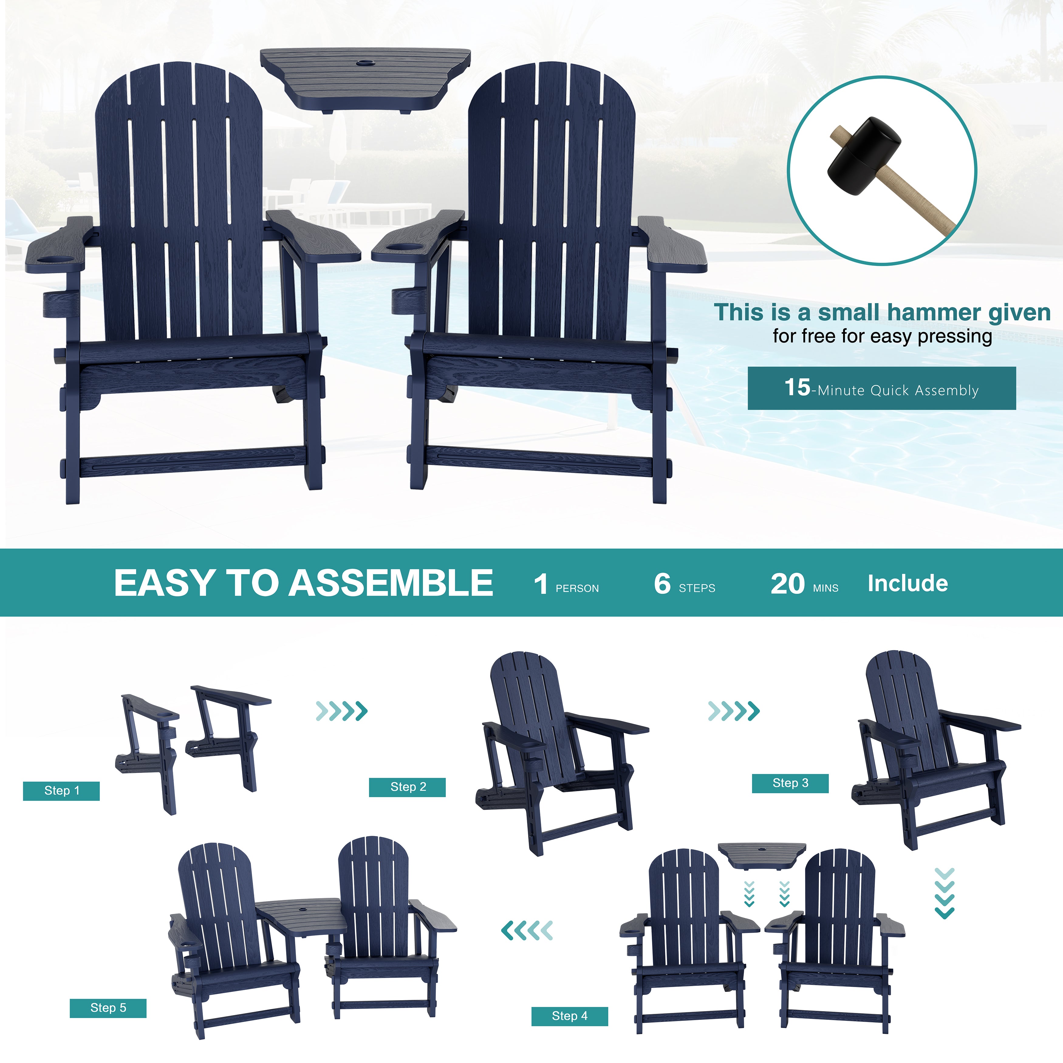 Vongrasig Adirondack Chairs Set of 2 with Removable Tabletop, Outdoor HDPE Plastic Fire Pit Chair Set with Wooden Textured, Cup Holder for Patio, Poolside, Deck, Garden