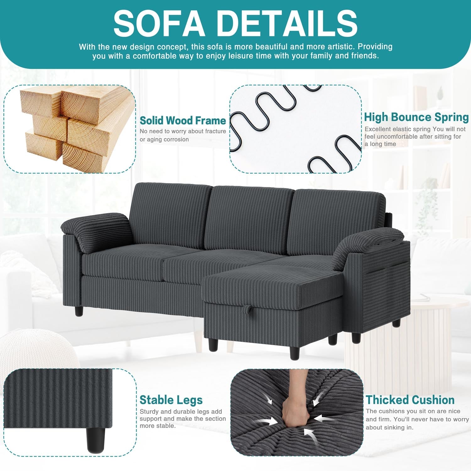 Walsunny 3 Seat L-Shaped Sectional Sofa With Movable Ottoman#color_dark-grey