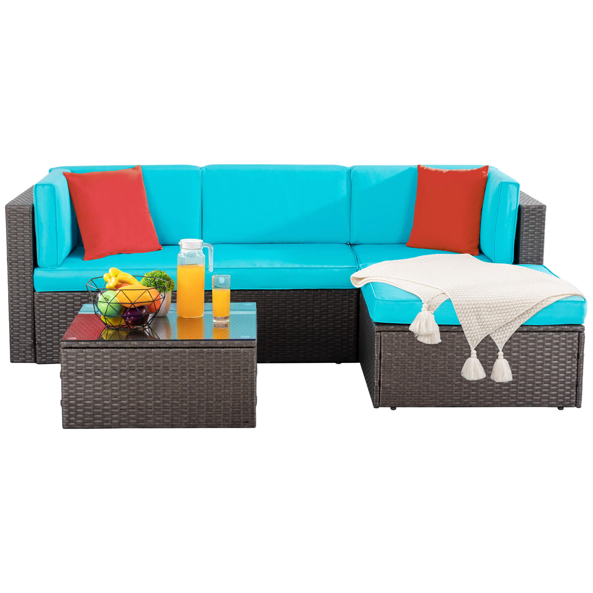 Vongrasig 5 Piece Patio Furniture Sets, Outdoor Patio Set Sectional Sofa, All-Weather PE Rattan Outdoor Couch with Ottoman, Glass Table for Garden, Backyard, Porch, Beige