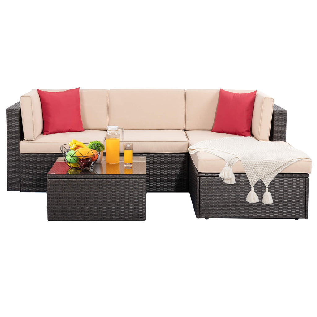 Vongrasig 5 Piece Patio Furniture Sets, Outdoor Patio Set Sectional Sofa, All-Weather PE Rattan Outdoor Couch with Ottoman, Glass Table for Garden, Backyard, Porch, Beige