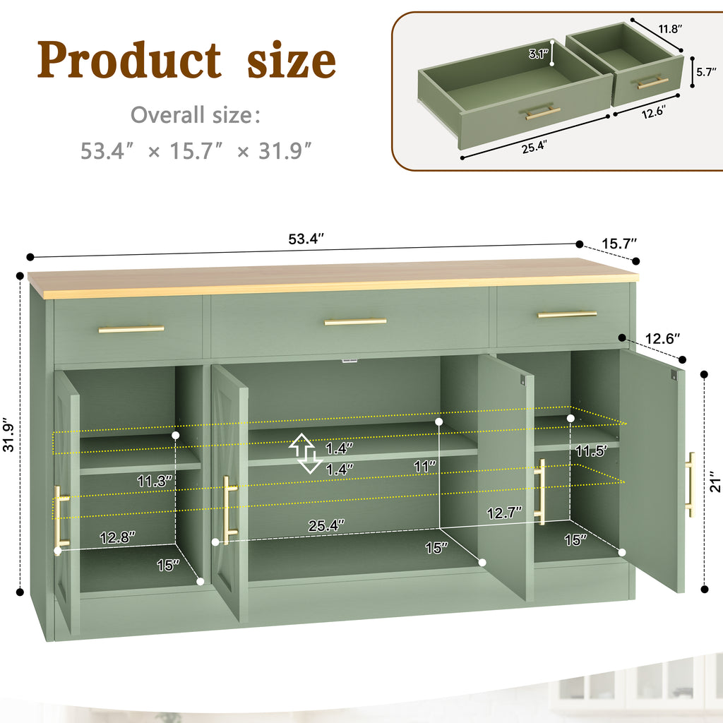 Vongrasig Buffet Cabinet with Storage, Farmhouse Coffee Bar Cabinet with Drawers, 53” Large Modern Sideboard Buffet with Adjustable Shelves for Kitchen, Dining Room