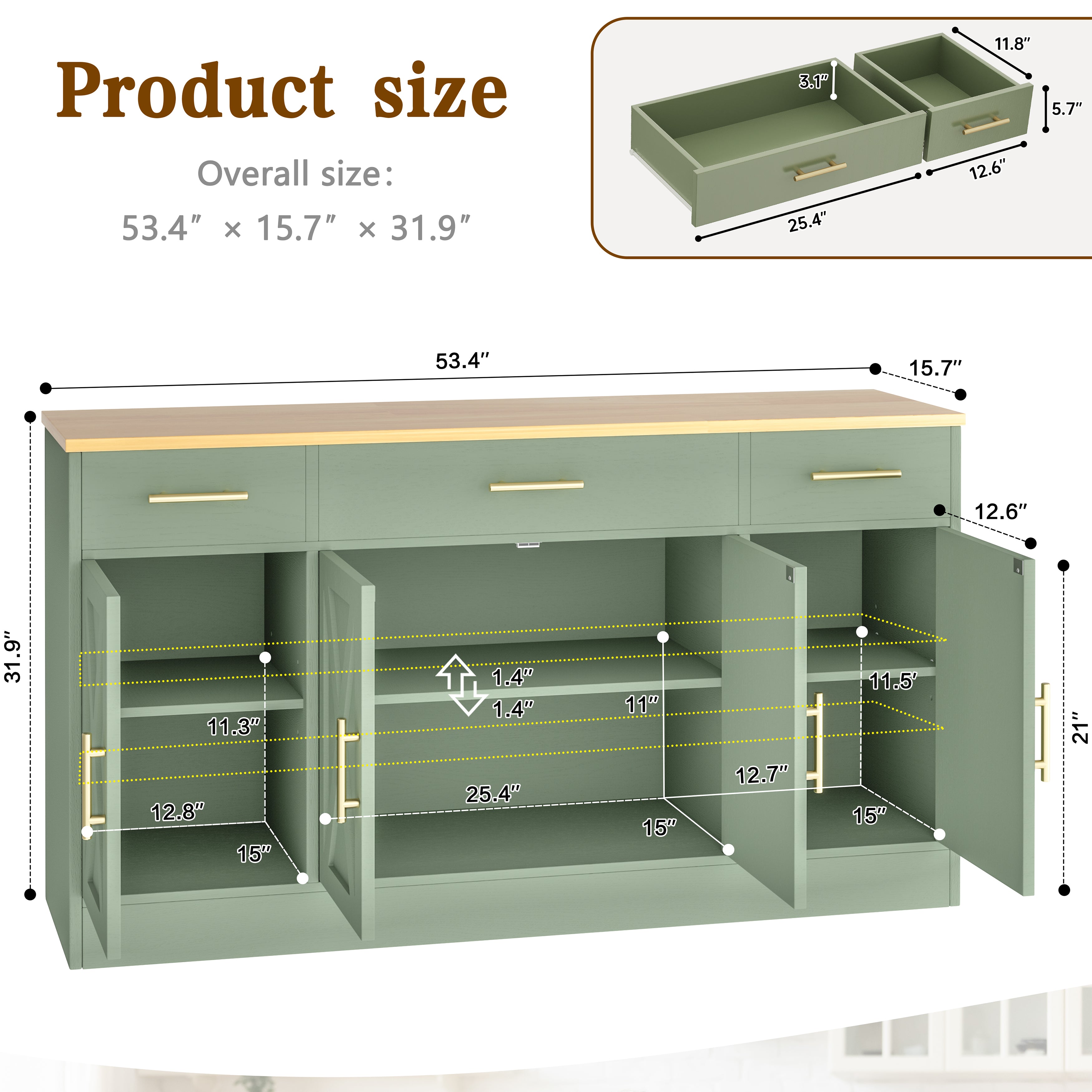 Vongrasig Buffet Cabinet with Storage, Farmhouse Coffee Bar Cabinet with Drawers, 53” Large Modern Sideboard Buffet with Adjustable Shelves for Kitchen, Dining Room