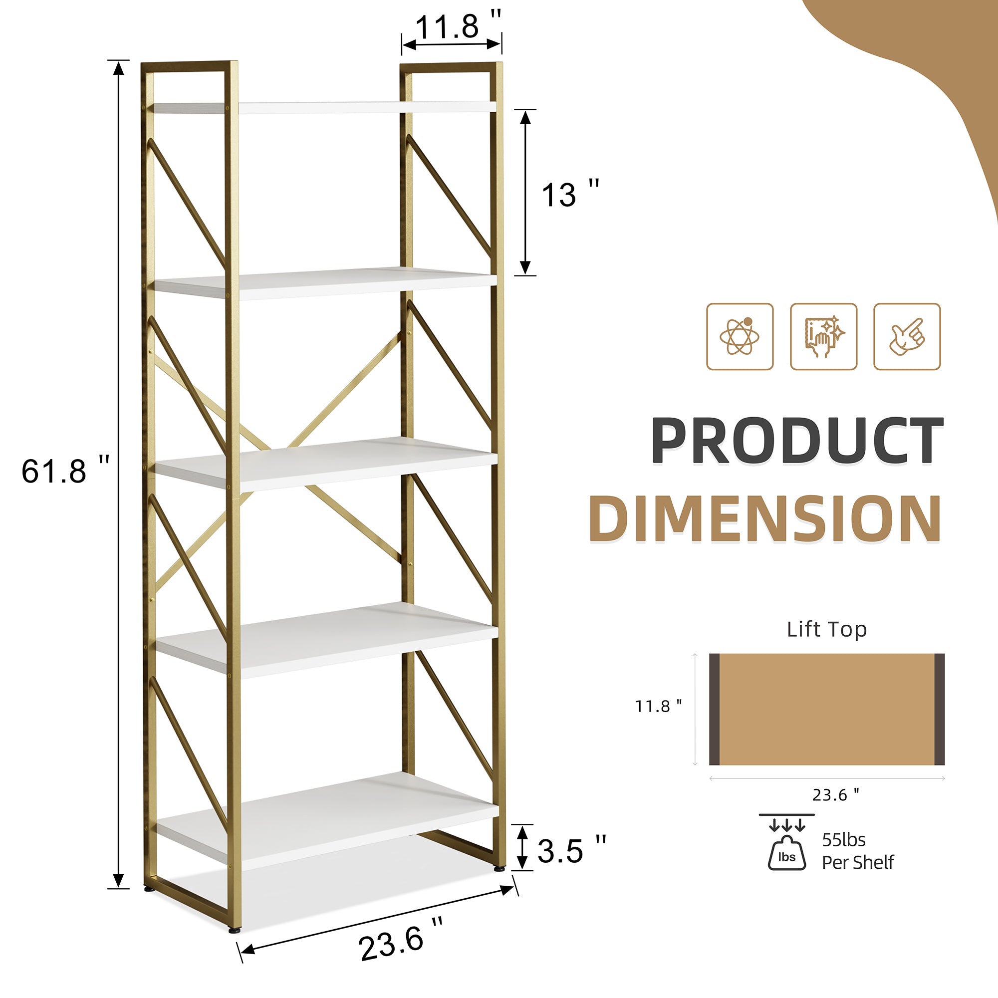 Vongrasig 5 Tier Bookshelf, Modern Industrial Bookcase with Metal Frame | 62” Tall Display Shelf, Free Standing Storage Organizer for Home Office, Living Room, Bedroom