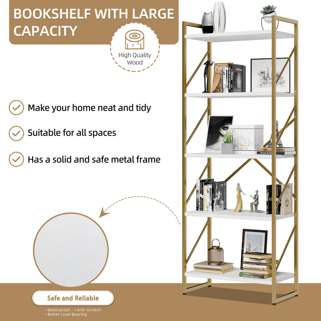 Vongrasig 5 Tier Bookshelf, Modern Industrial Bookcase with Metal Frame | 62” Tall Display Shelf, Free Standing Storage Organizer for Home Office, Living Room, Bedroom