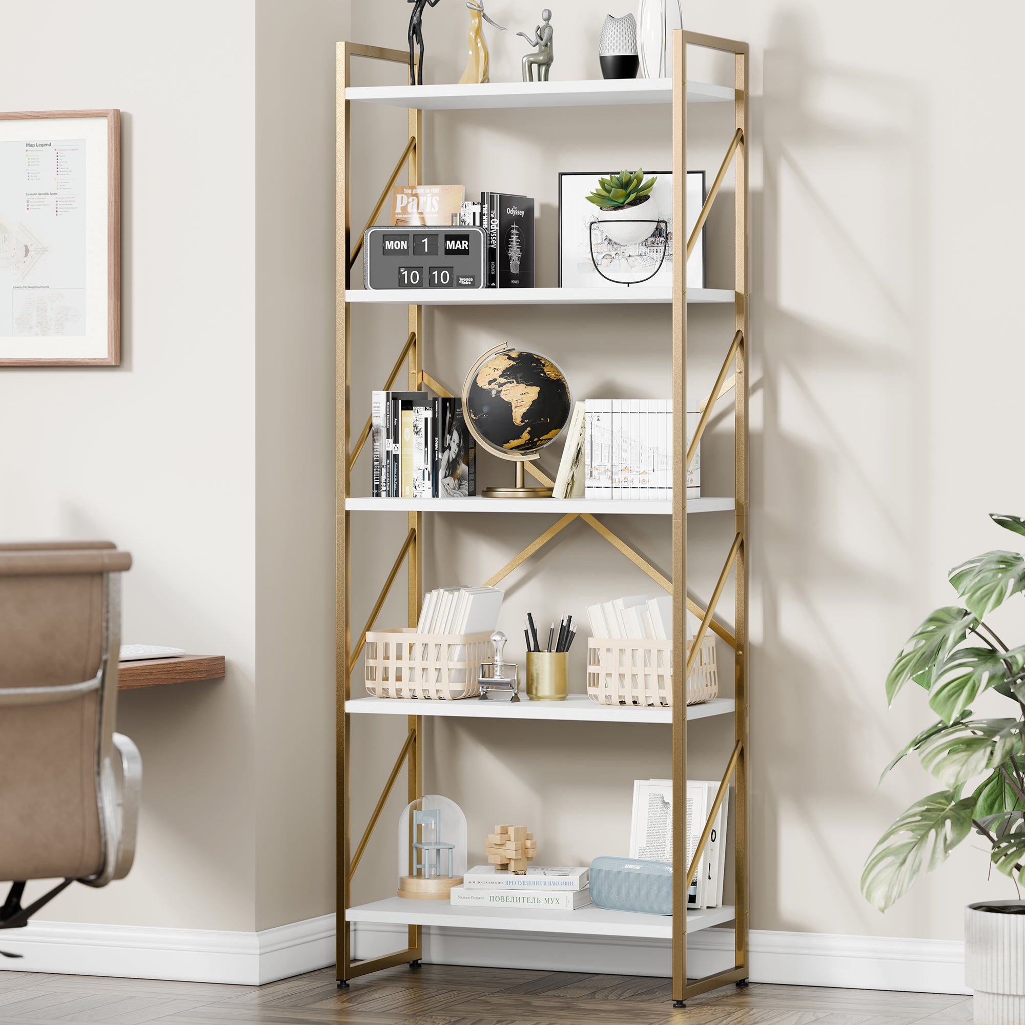 Vongrasig 5 Tier Bookshelf, Modern Industrial Bookcase with Metal Frame | 62” Tall Display Shelf, Free Standing Storage Organizer for Home Office, Living Room, Bedroom