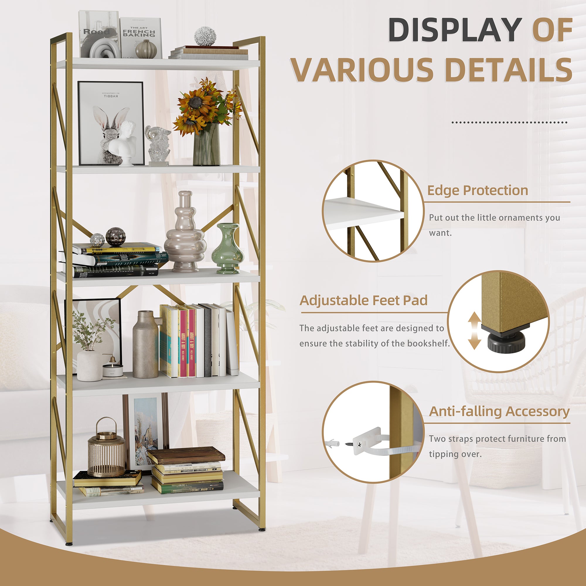 Vongrasig 5 Tier Bookshelf, Modern Industrial Bookcase with Metal Frame | 62” Tall Display Shelf, Free Standing Storage Organizer for Home Office, Living Room, Bedroom