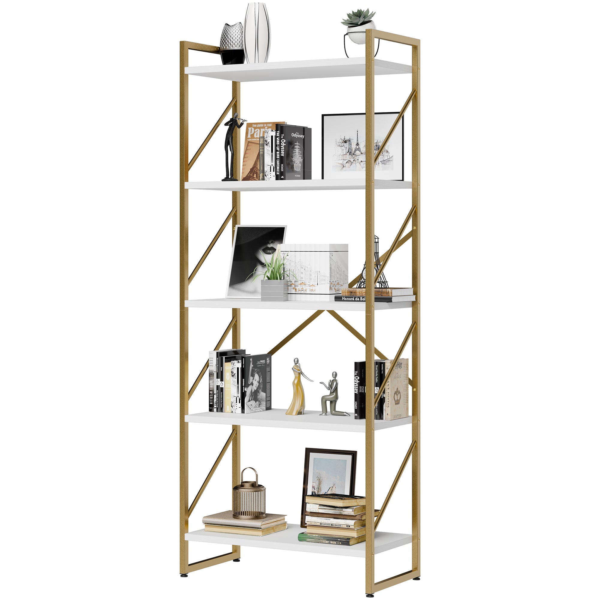 Vongrasig 5 Tier Bookshelf, Modern Industrial Bookcase with Metal Frame | 62” Tall Display Shelf, Free Standing Storage Organizer for Home Office, Living Room, Bedroom