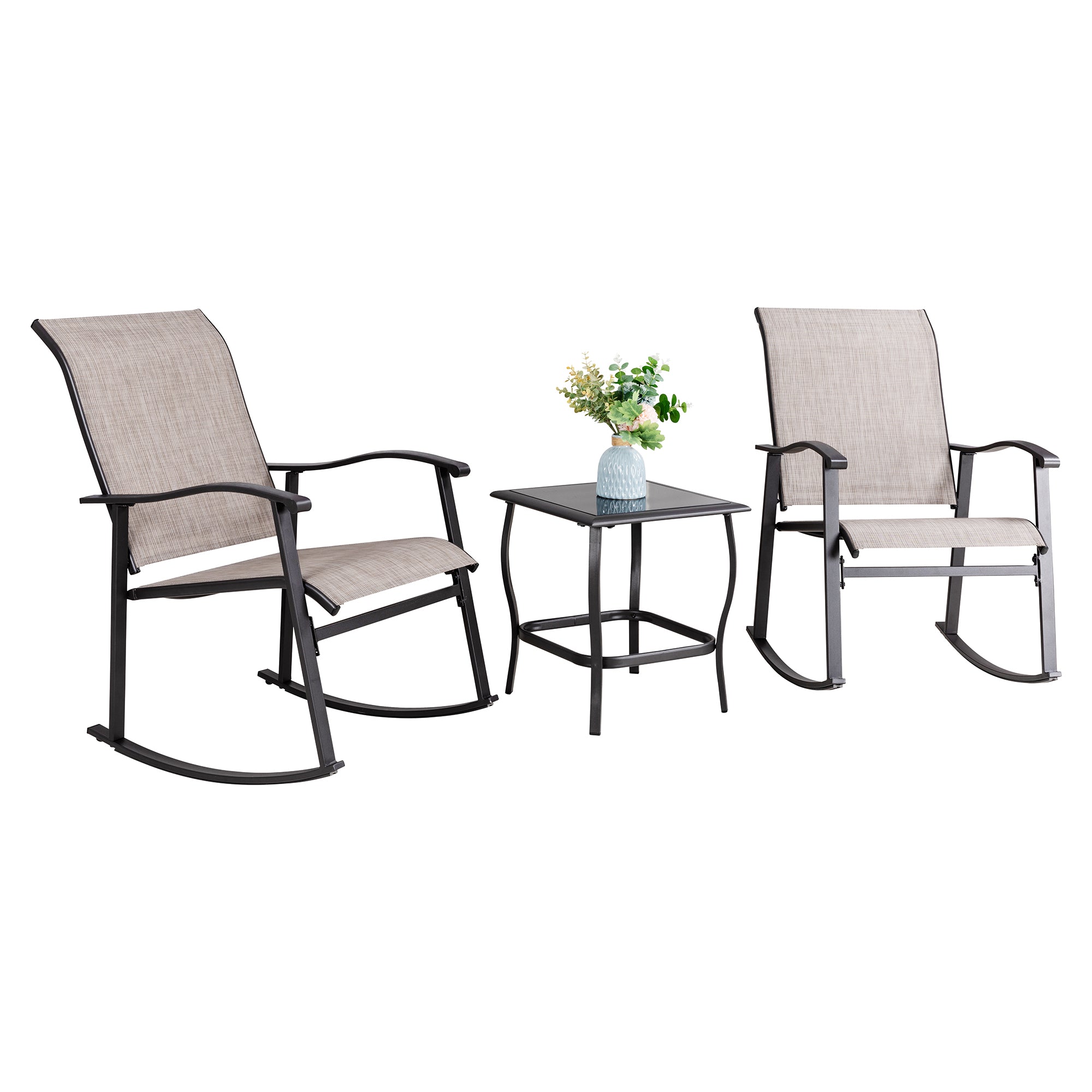 Vongrasig 3 Piece Outdoor Rocking Bistro Set, Textilene Fabric Small Patio Furniture Set, Front Porch Rocker Chairs Conversation Set with Glass Table for Lawn, Garden, Balcony, Poolside