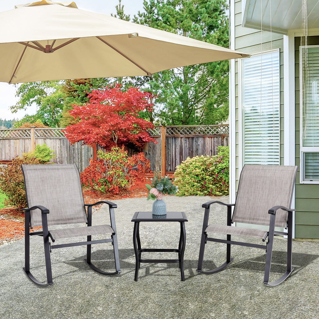 Vongrasig 3 Piece Outdoor Rocking Bistro Set, Textilene Fabric Small Patio Furniture Set, Front Porch Rocker Chairs Conversation Set with Glass Table for Lawn, Garden, Balcony, Poolside