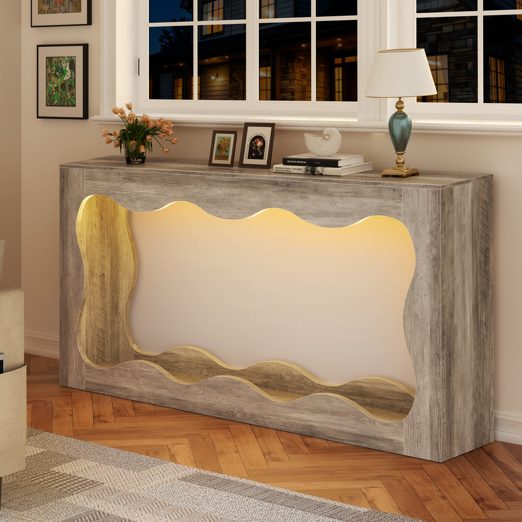 Vongrasig 63-Inch Farmhouse Entryway Table with Light Strips, Scalloped Console Table with Built-in Storage, Narrow Long Behind Couch, Wooden Curvilinear Sofa Table for Entrance, Hallway